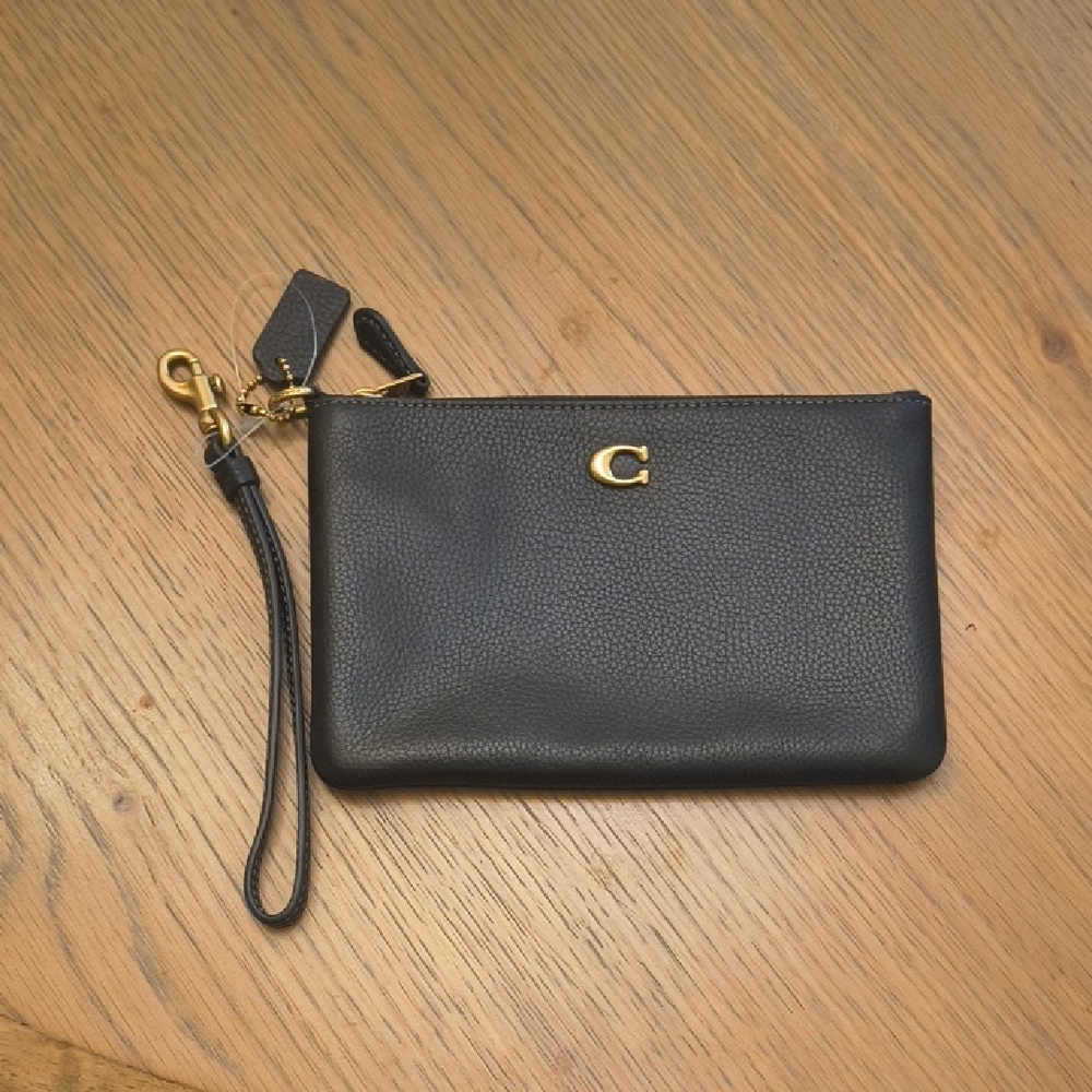 Coach Black Wristlet with Gold Zipper